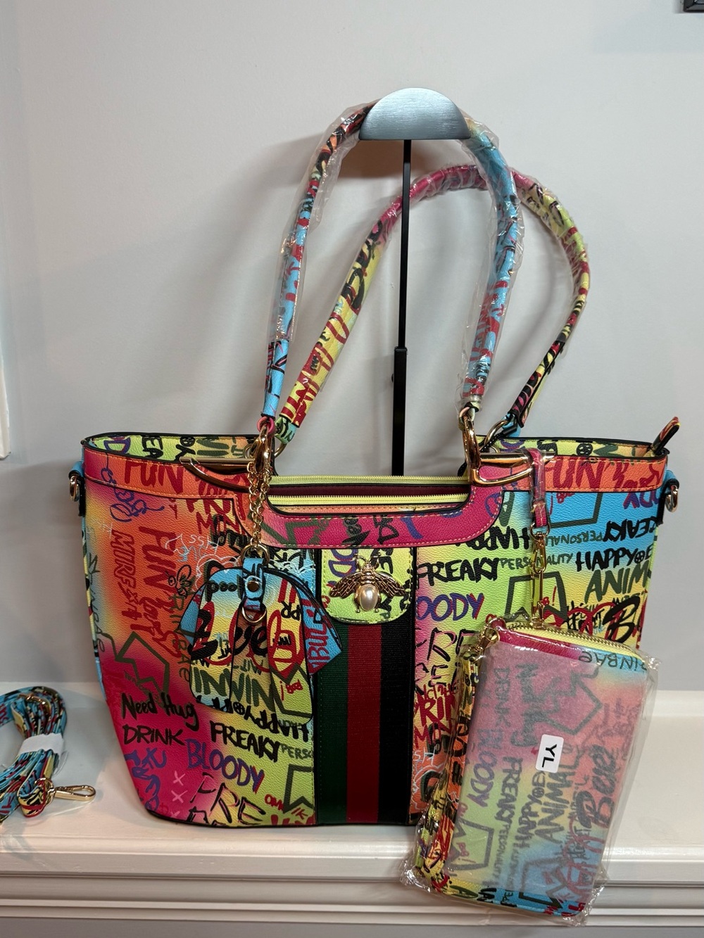Multicolor Graffiti Tote Bag with Matching Wallet